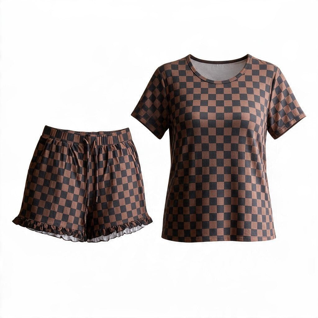 Brown Checks Short Sleeve & Shorts Mom Set