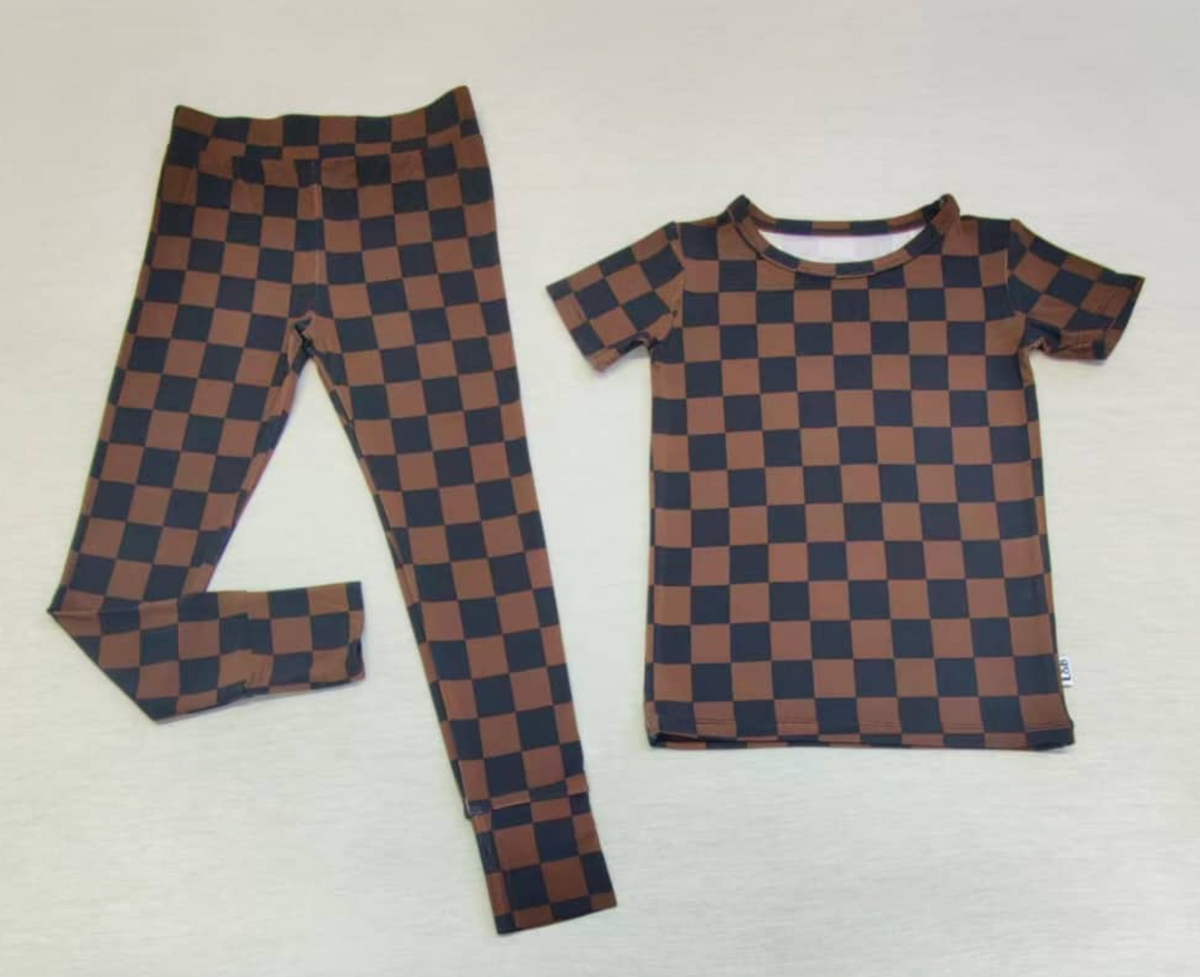 Brown Checks Short Sleeve & Pants Pajama Set